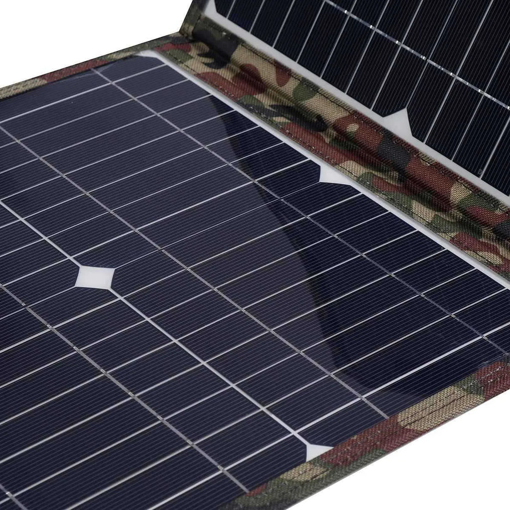 Black foldable 36W solar panel unfolded showing three monocrystalline cells with connection cables