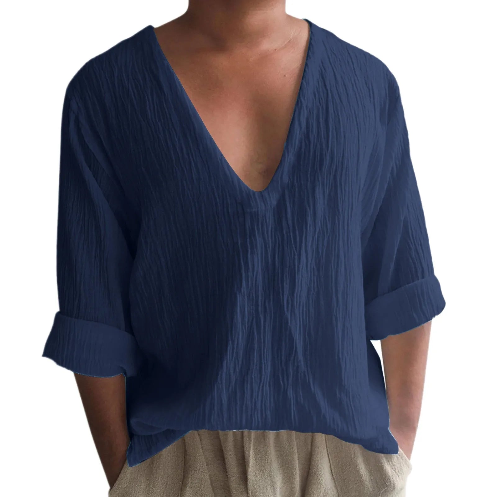 Men's washed cotton long sleeve V-neck T-shirt in solid colours on a size chart