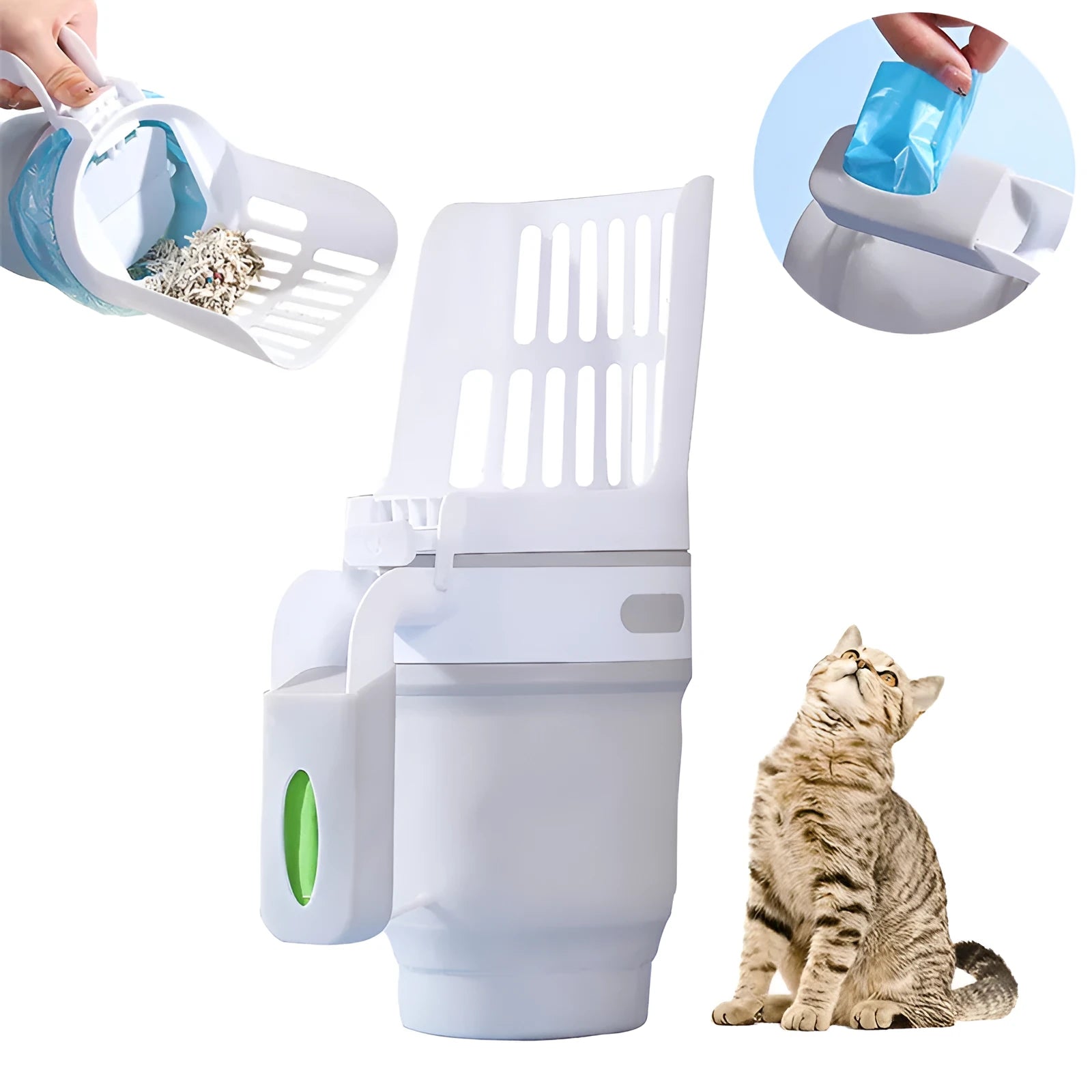 Grey foldable cat litter scoop with integrated waste collection bin and refill bags.
