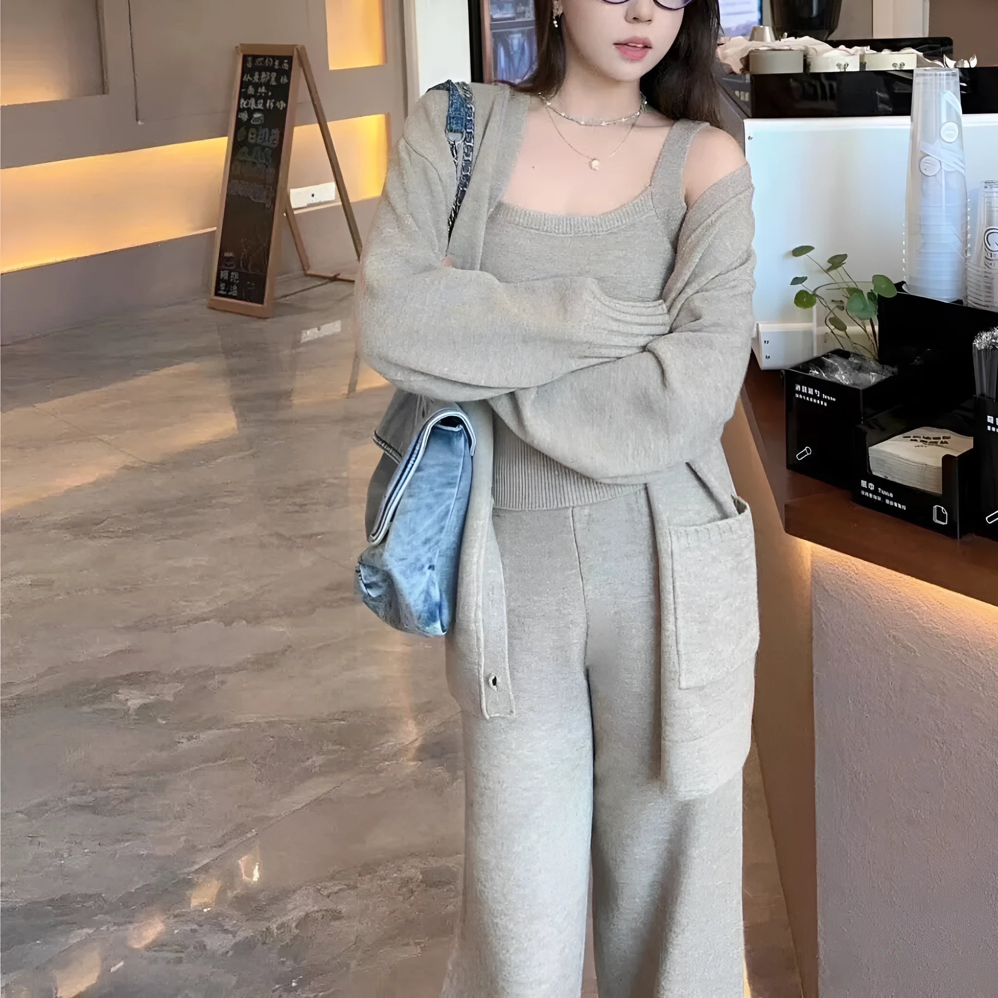 Women's knit cardigan vest suspender pants three-piece set in Japanese Korean casual style