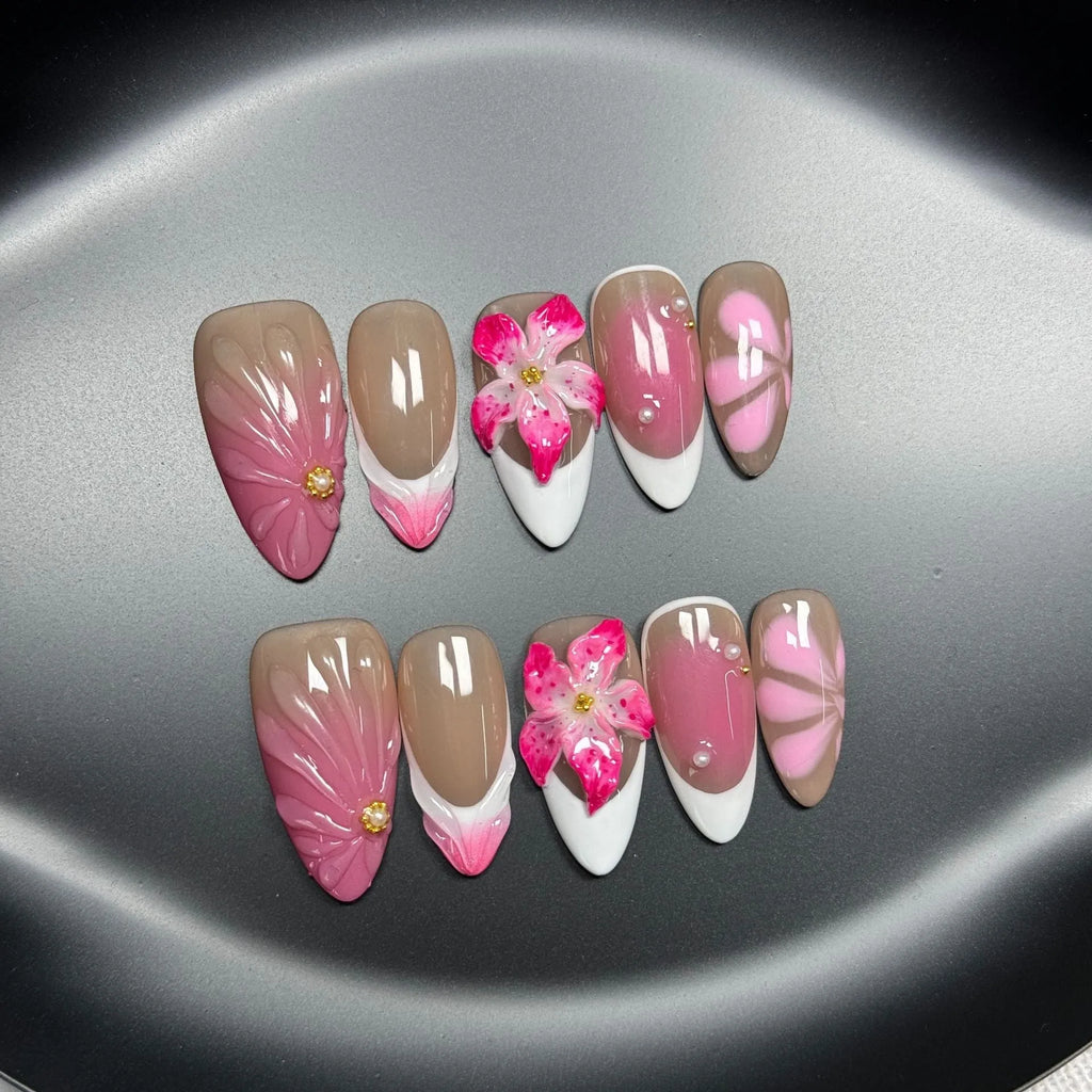 French style lily fluid ice flower three-dimensional plastic nail art tips with almond wearable design