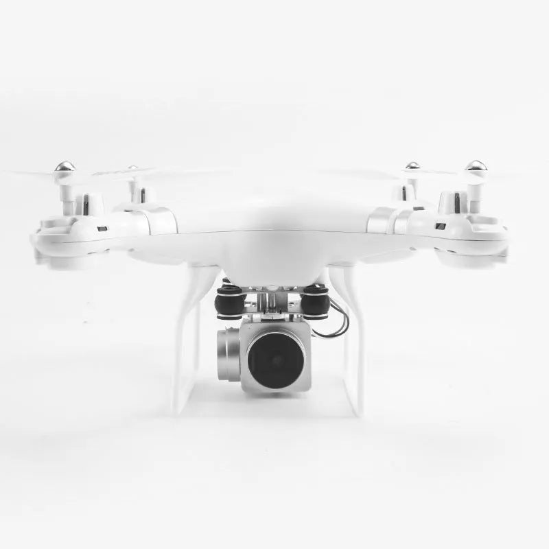Black HD aerial photography drone with four propellors and camera, controlled via manual handle