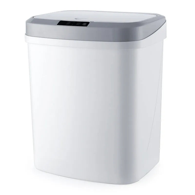 Smart induction trash can in black plastic with lid open, for kitchen or bathroom