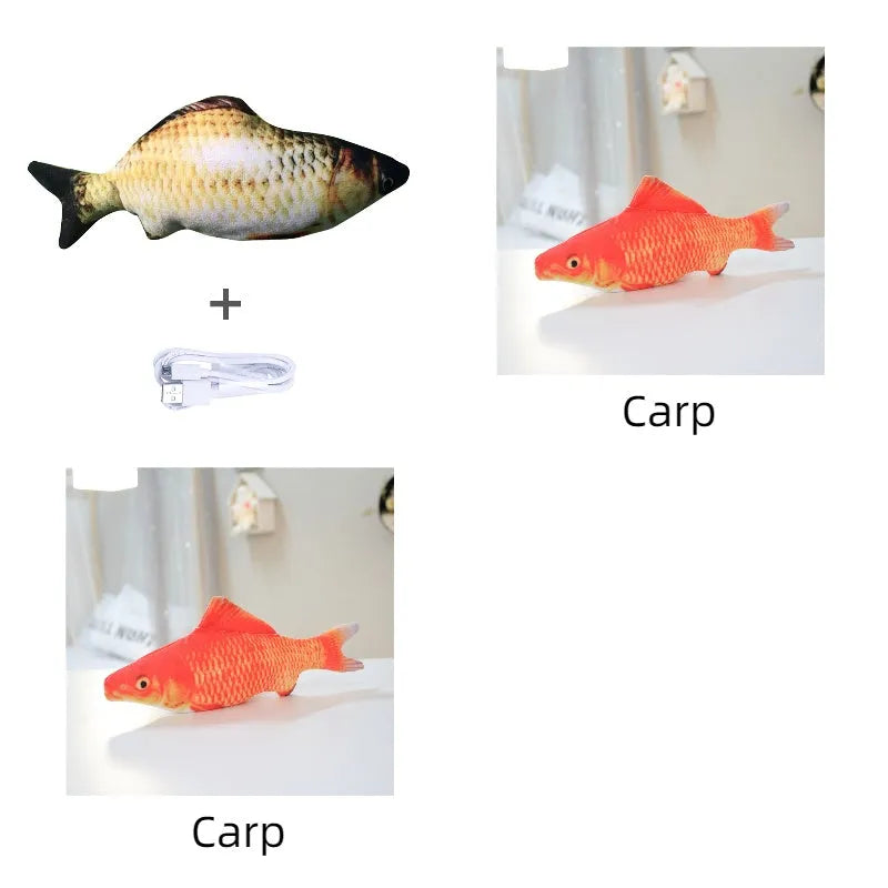 Multicolor USB rechargeable electric jumping fish cat toy measuring 30cm long