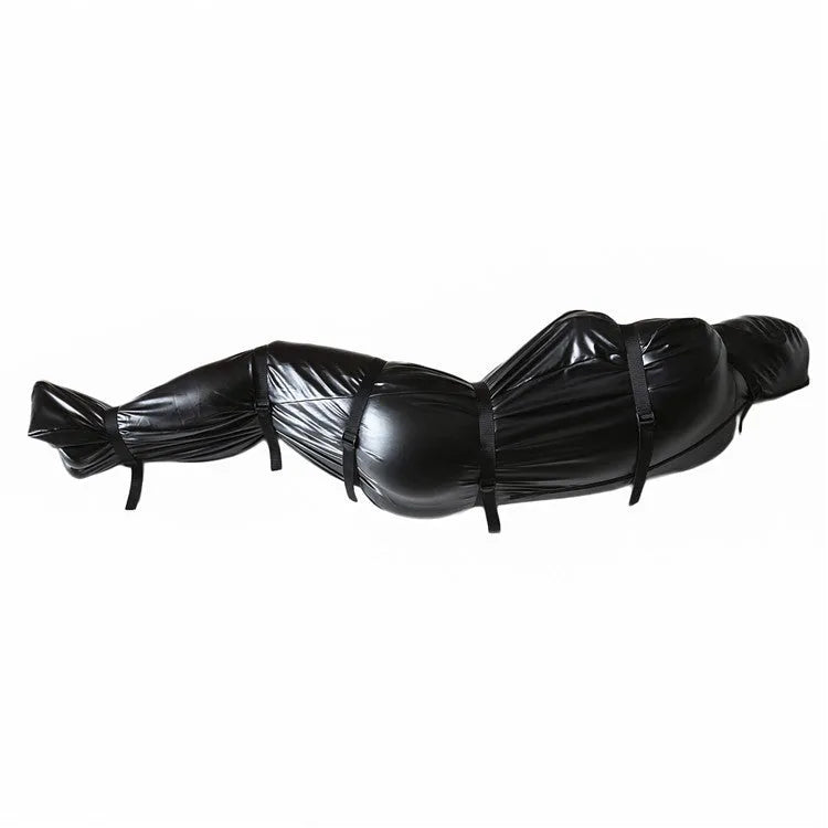 Black patent leather bondage kit with full-coverage garment and six ratchet tie-down straps