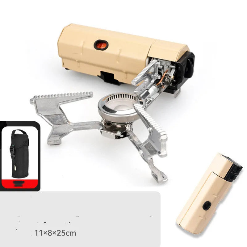 Green folding camping gas stove with adjustable valve and anti-slip feet for outdoor cooking