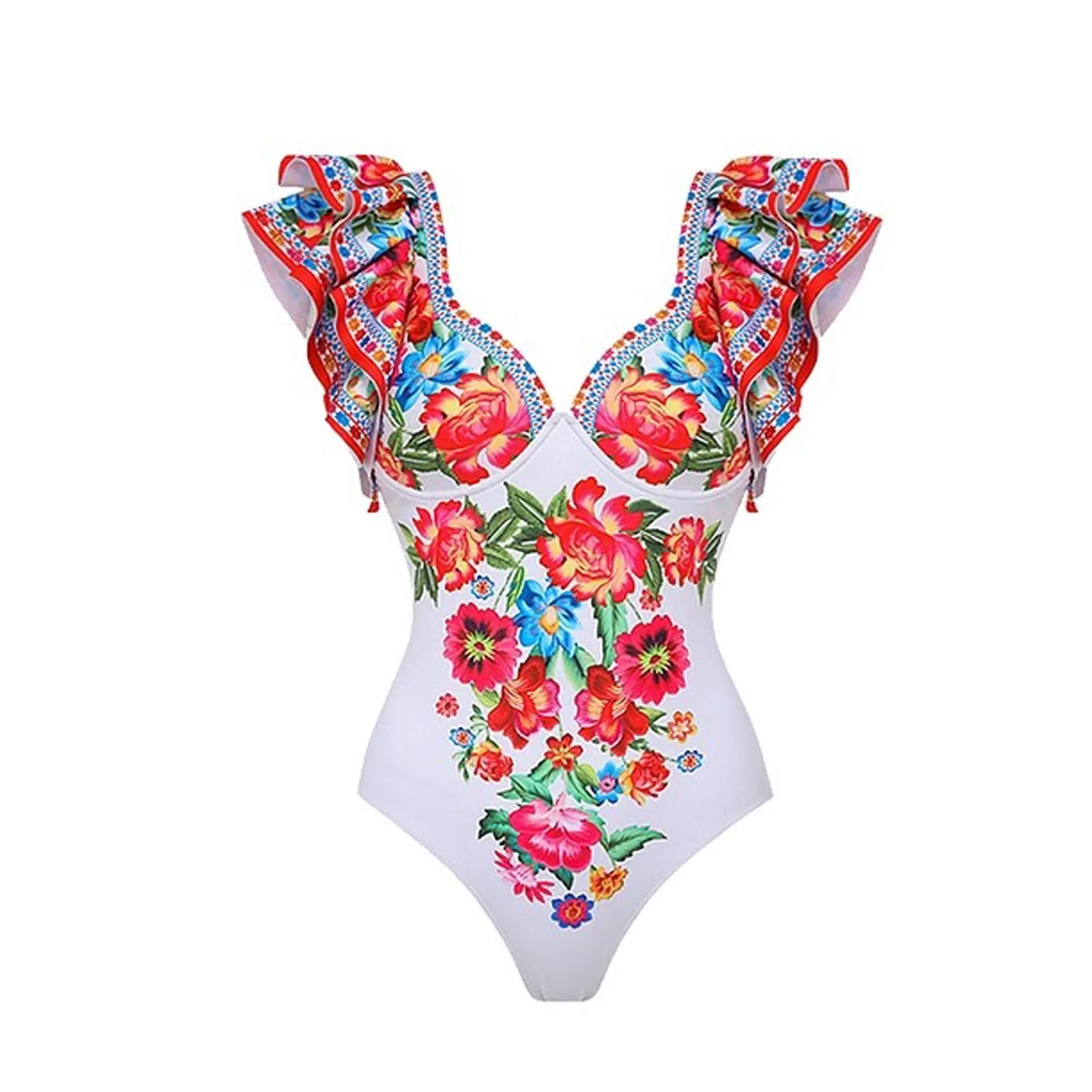 Women's printed polyester one-piece swimsuit on a hanger.
