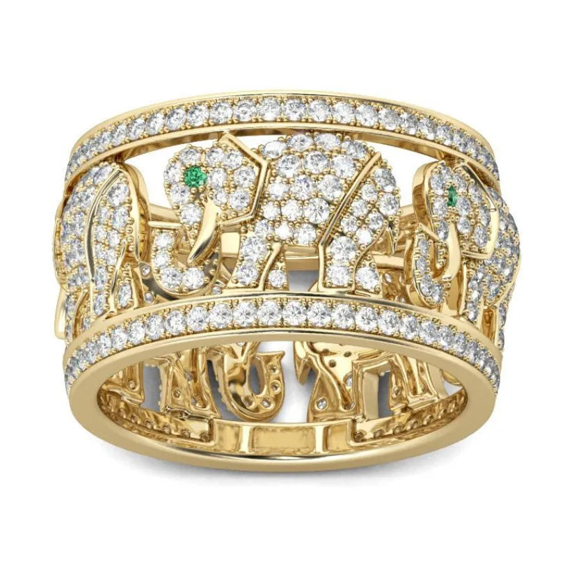 Alloy elephant motif ring with full diamond pattern on band in silver colour