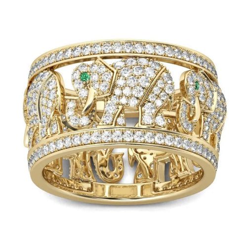 Alloy elephant motif ring with full diamond pattern on band in silver colour
