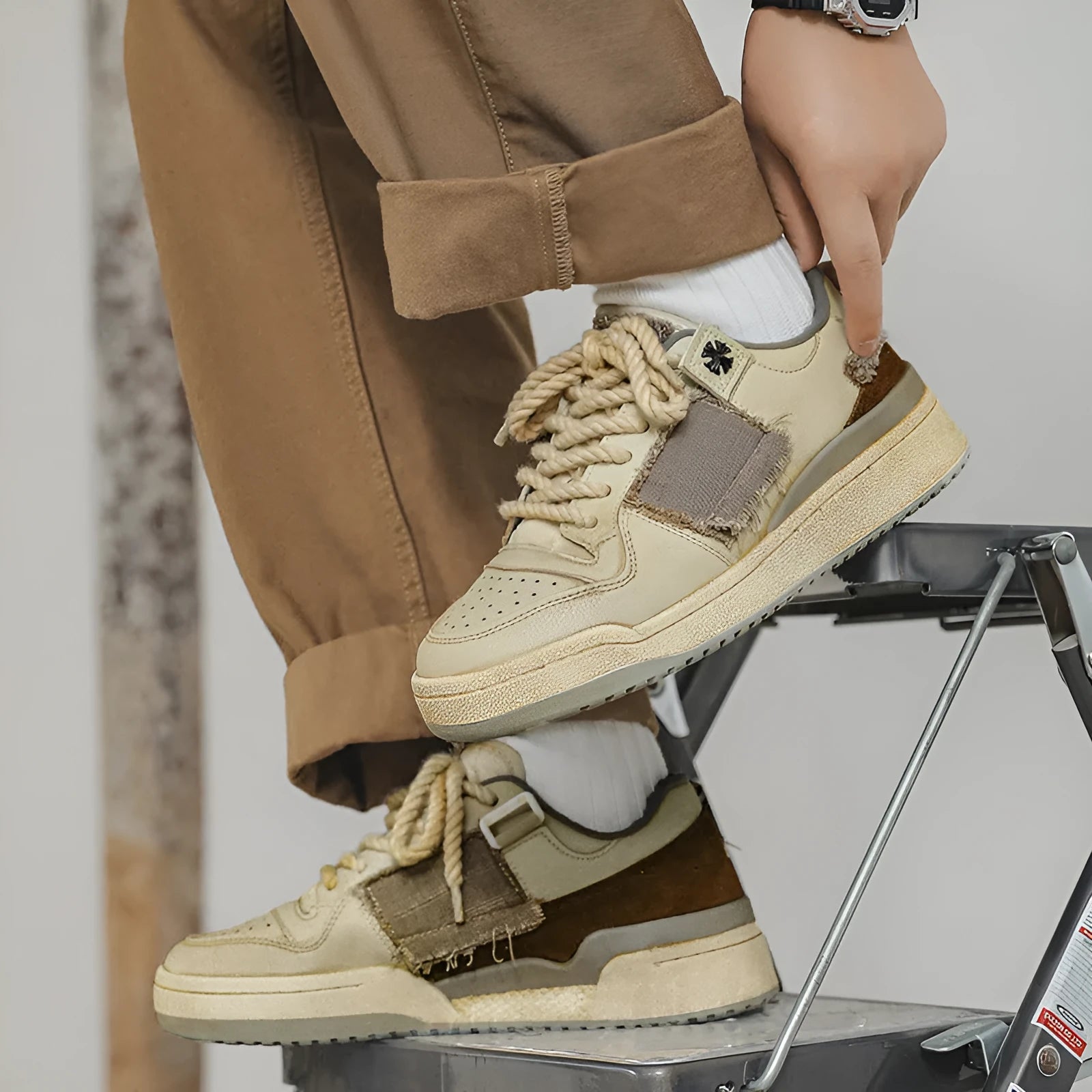 Beige low-top casual skateboard shoes with round toe and front lace-up on a rubber sole.