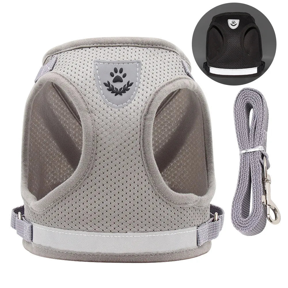 Polyester dog chest strap harness in red reflective small-hole colour, front view on white background