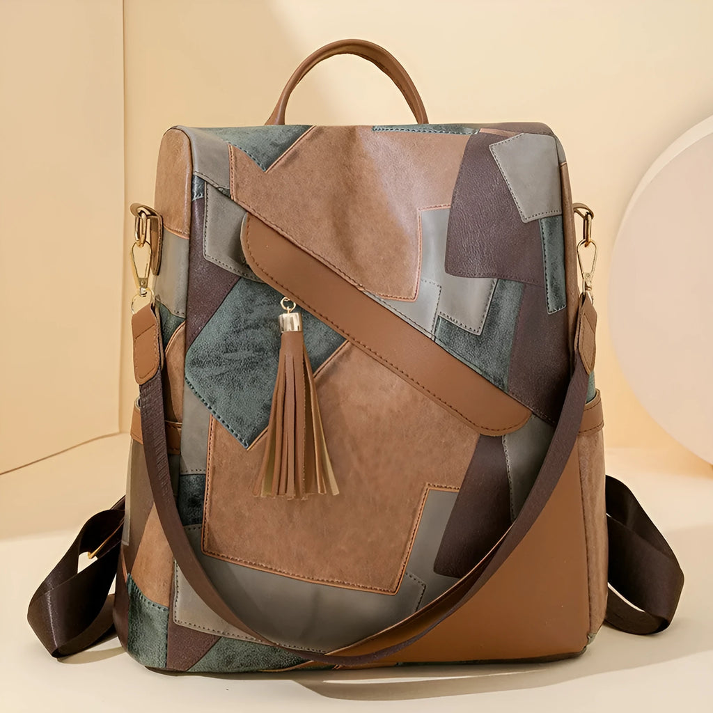 Large capacity retro patchwork PU leather tote bag with sewing line detailing, available in four colours, front view