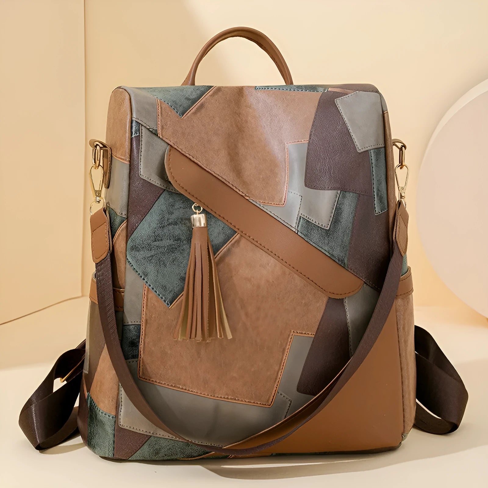 Large capacity retro patchwork PU leather tote bag with sewing line detailing, available in four colours, front view