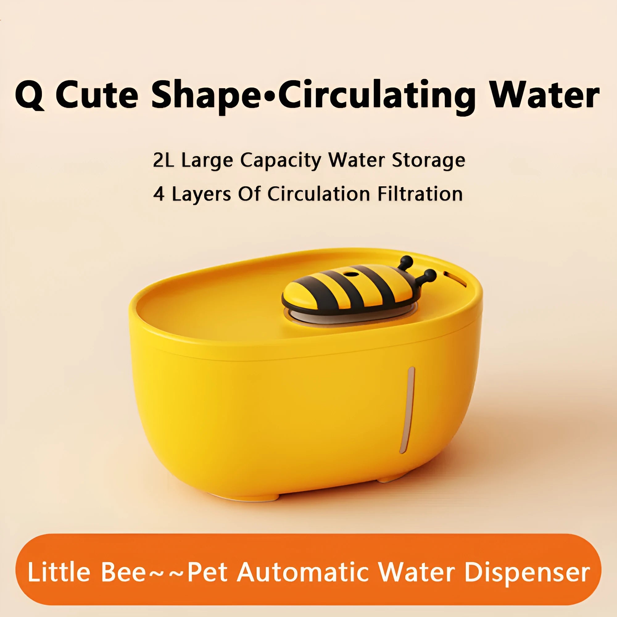 Yellow automatic cat water fountain with filter and USB cable on anti-slip base.