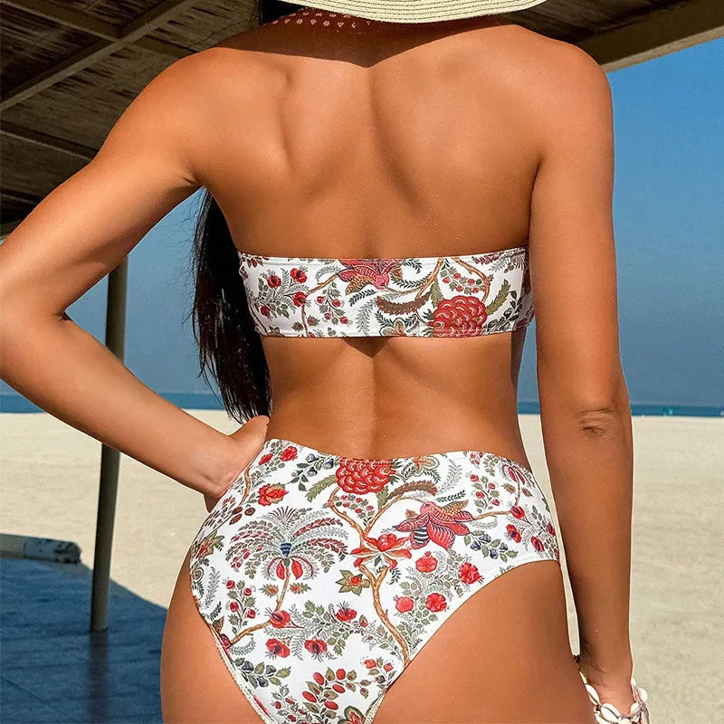 Women's printed bandeau swimsuit top with matching shorts swimwear set