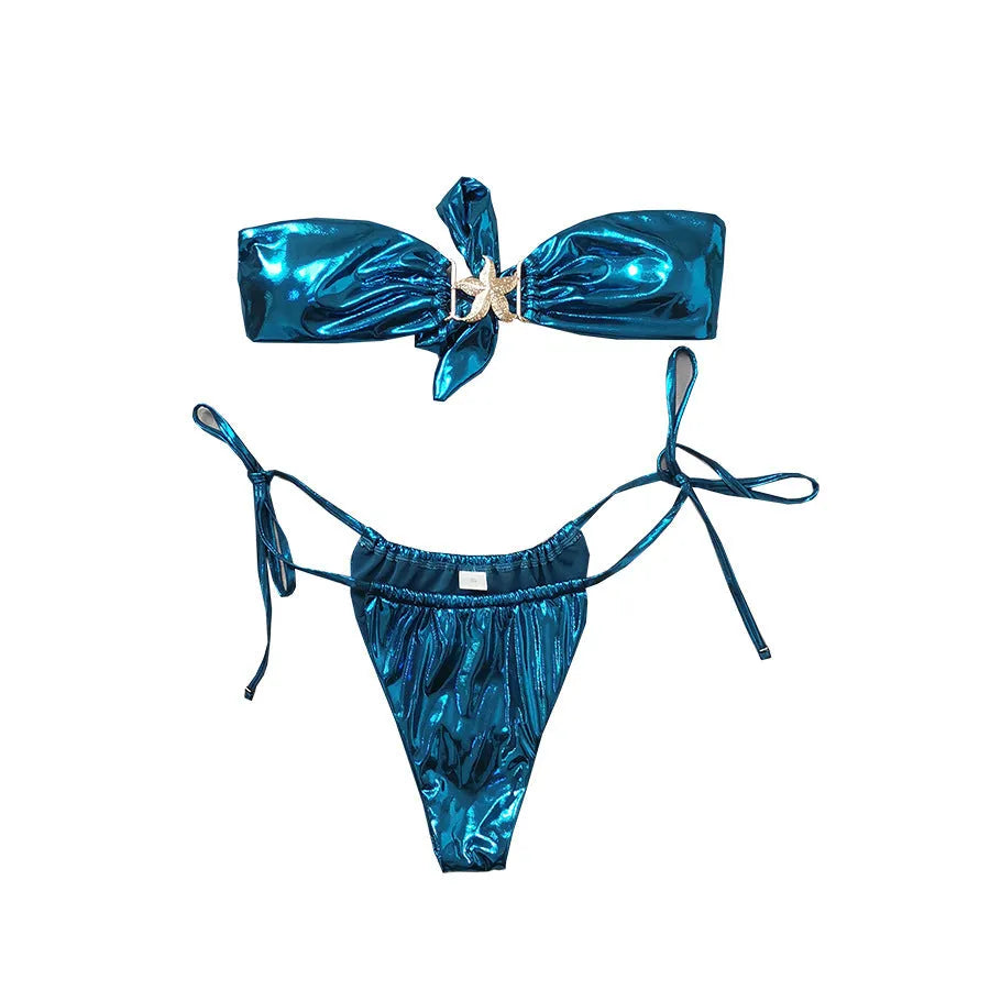 Women's glossy sapphire blue tube top bikini with long sleeves and backless design.