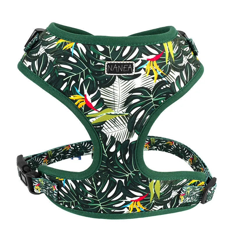 Six-piece dog harness set with adjustable vest, haulage rope, collar, waste bag, bow tie and triangular binder