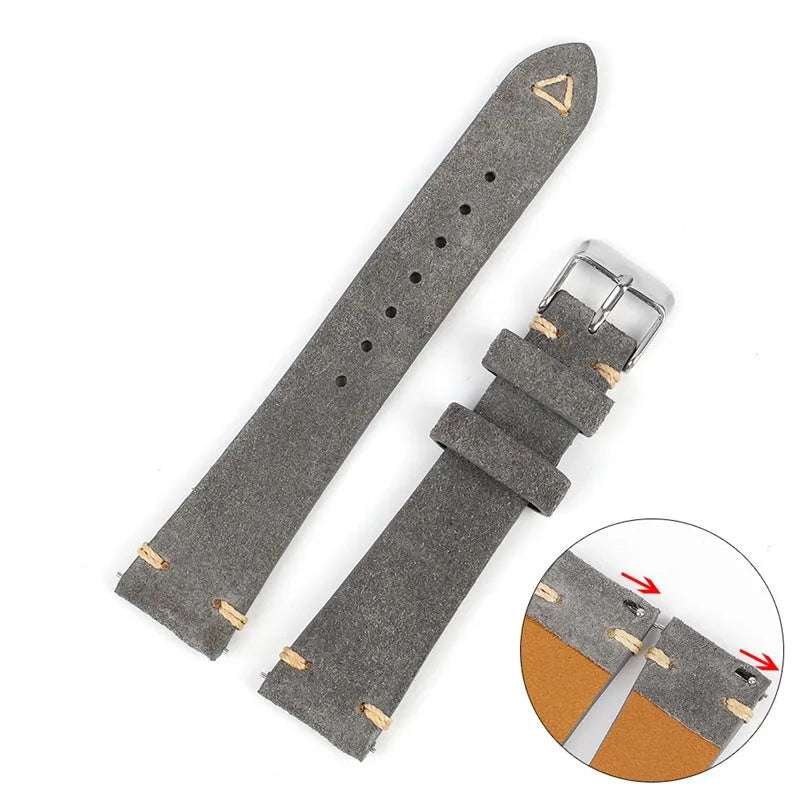 Small waist genuine suede leather watch strap showing brown, blue, gray and army green colour options