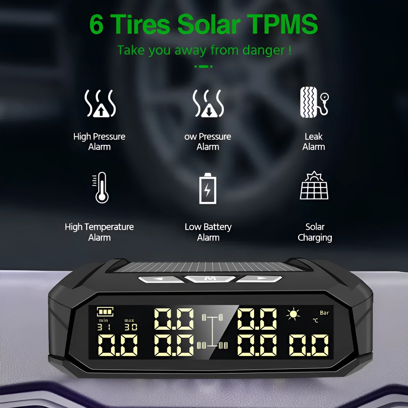 Solar tire pressure monitor system for 6 tires with colour display and external sensors