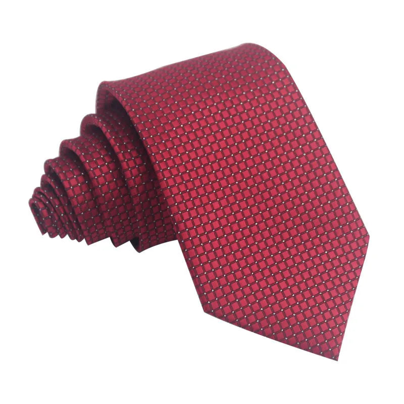 Man's red, black, and blue striped jacquard business tie with an 8cm width.