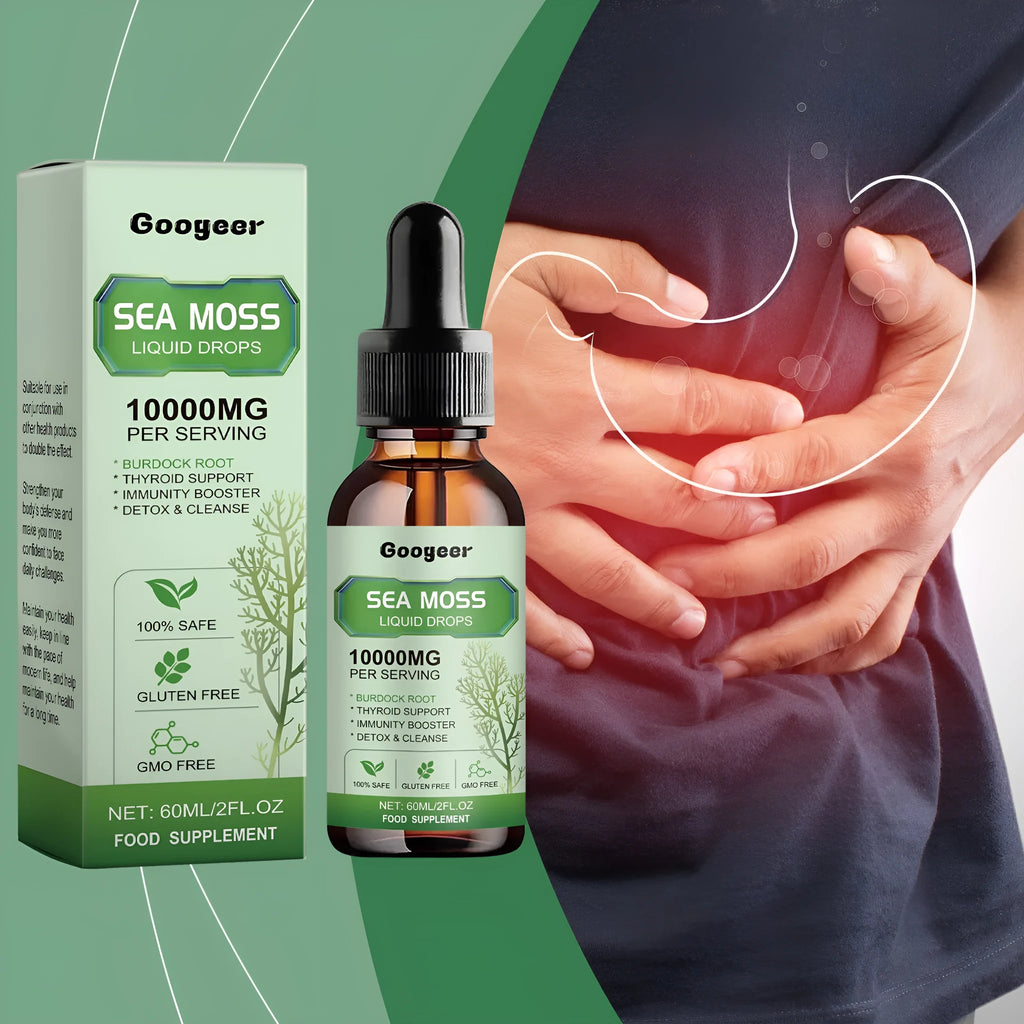 Googeer sea moss liquid drops body treatment bottle, 60ml capacity, 3.3x3.3x12cm size.