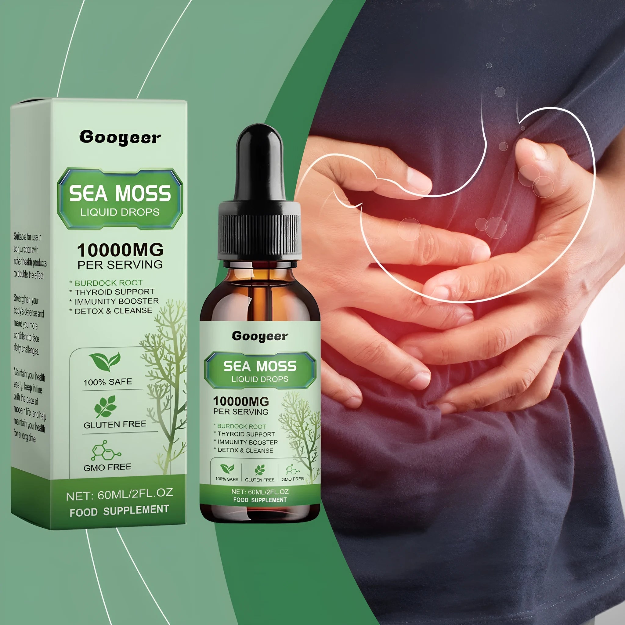 Googeer sea moss liquid drops body treatment bottle, 60ml capacity, 3.3x3.3x12cm size.