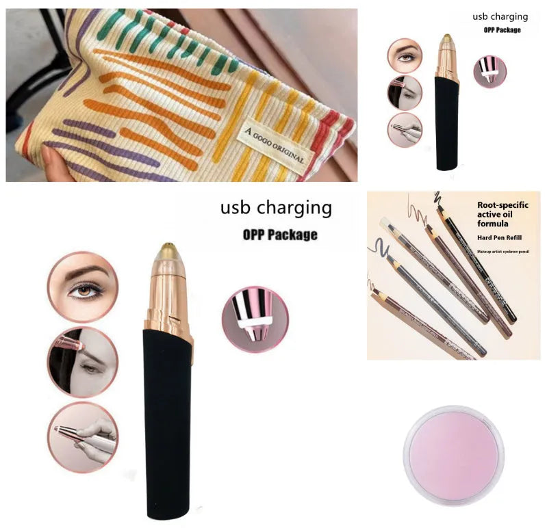Eyebrow epilator pen with gold plated head and LED light on pink background