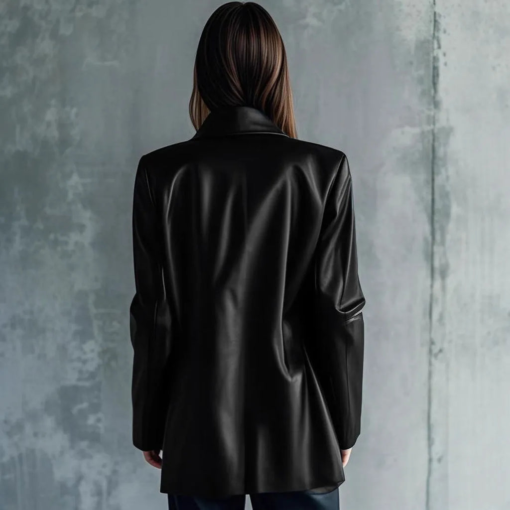 A black medium-length women's leather jacket with long sleeves, laid flat.