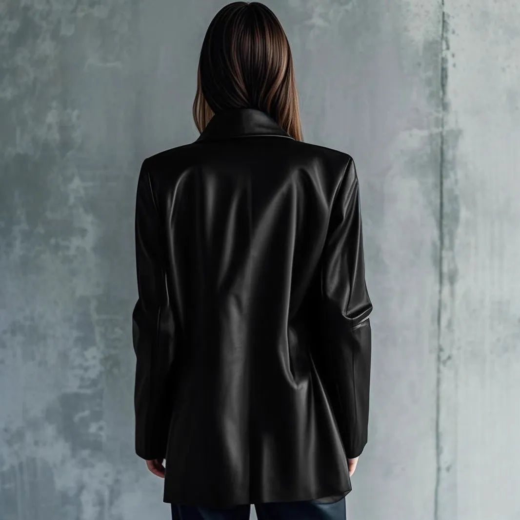 A black medium-length women's leather jacket with long sleeves, laid flat.
