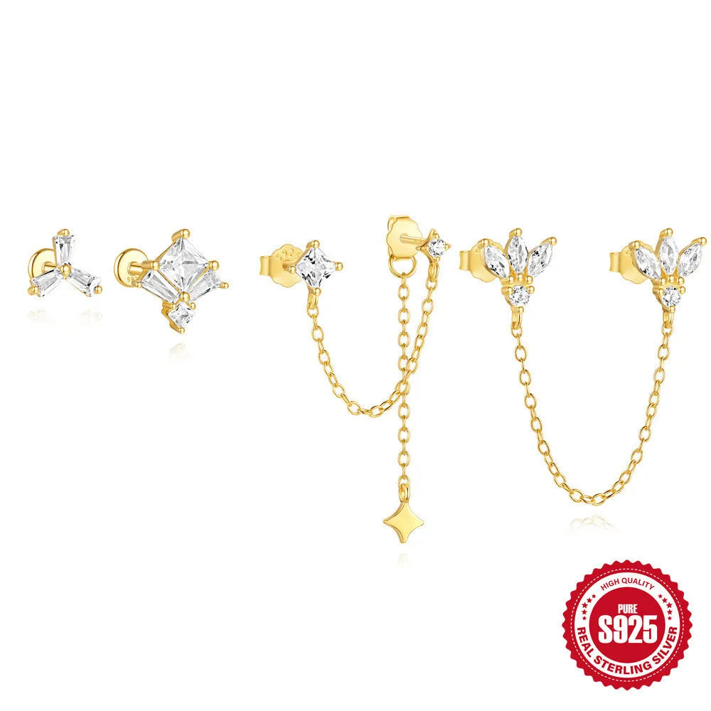 S925 sterling silver stud earrings with zircon stones and chain design for double piercing in golden colour