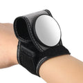 Black nylon wrist-mounted rear-view mirror for cyclists and motorcyclists on a textured background.
