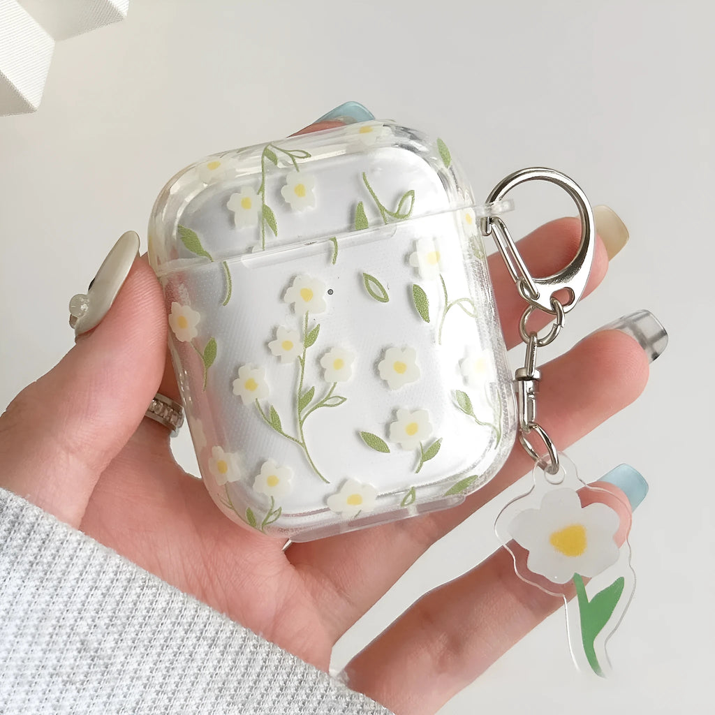 Clear TPU protective case with white floral pattern for Apple AirPods charging case