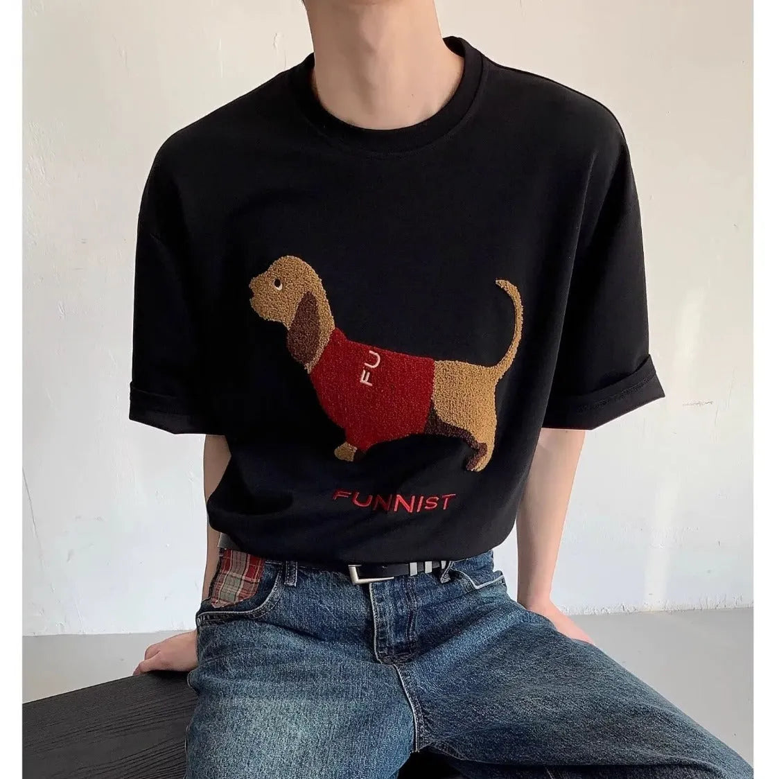 Men's grey cotton t-shirt with embroidered sausage dog design on front