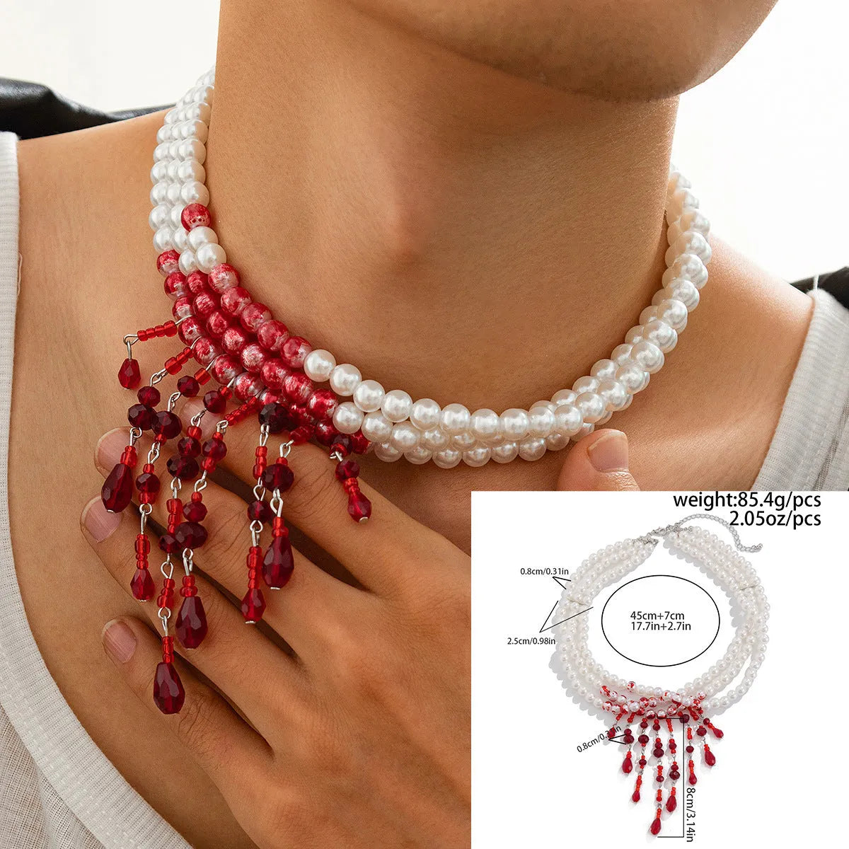 Halloween blood drop tassel necklace with artificial crystal pendant and imitation pearls on adjustable chain