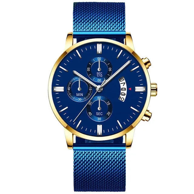Men's stainless steel mesh band quartz watch with analog display in multiple colour options