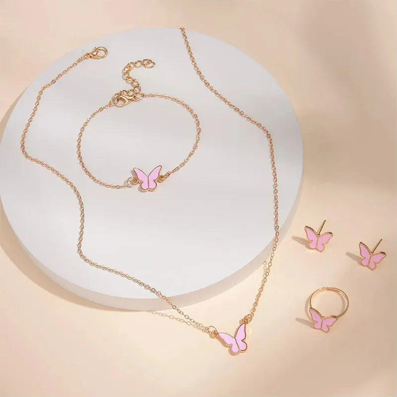 Five-piece butterfly pendant jewellery set for women including necklace earrings ring bracelet in black alloy electroplated finish