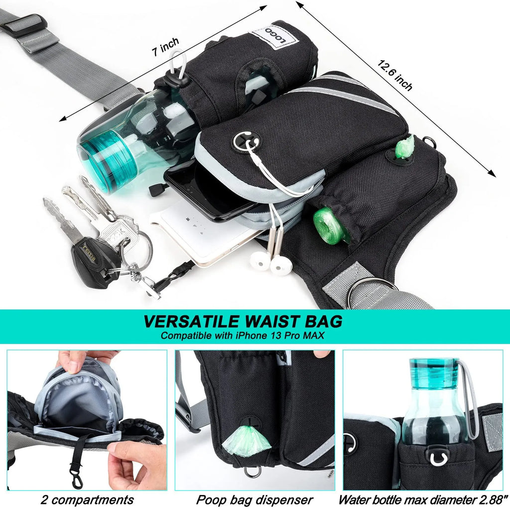 Black nylon dog walking waist bag and leash set for outdoor pet training