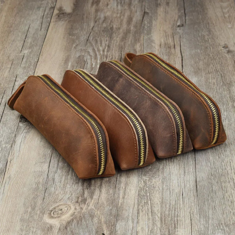 Handmade cowhide leather pencil case with zipper in square 18cm design