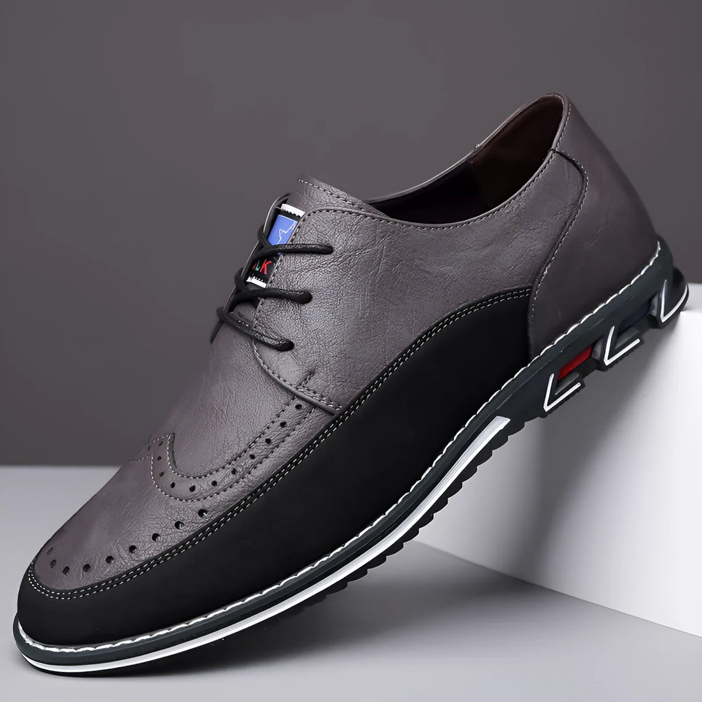 Men's black casual leather shoes with a rubber sole and leather toe cap.