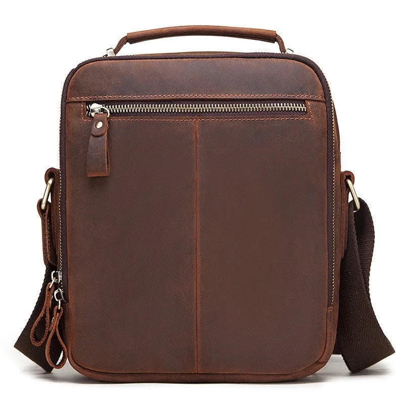 Men's brown Crazy Horse leather retro style crossbody bag with sewing line details.