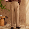 Men's slim fit straight leg trousers in dark grey, light brown, or light apricot, made from wrinkle-resistant polyester fabric.