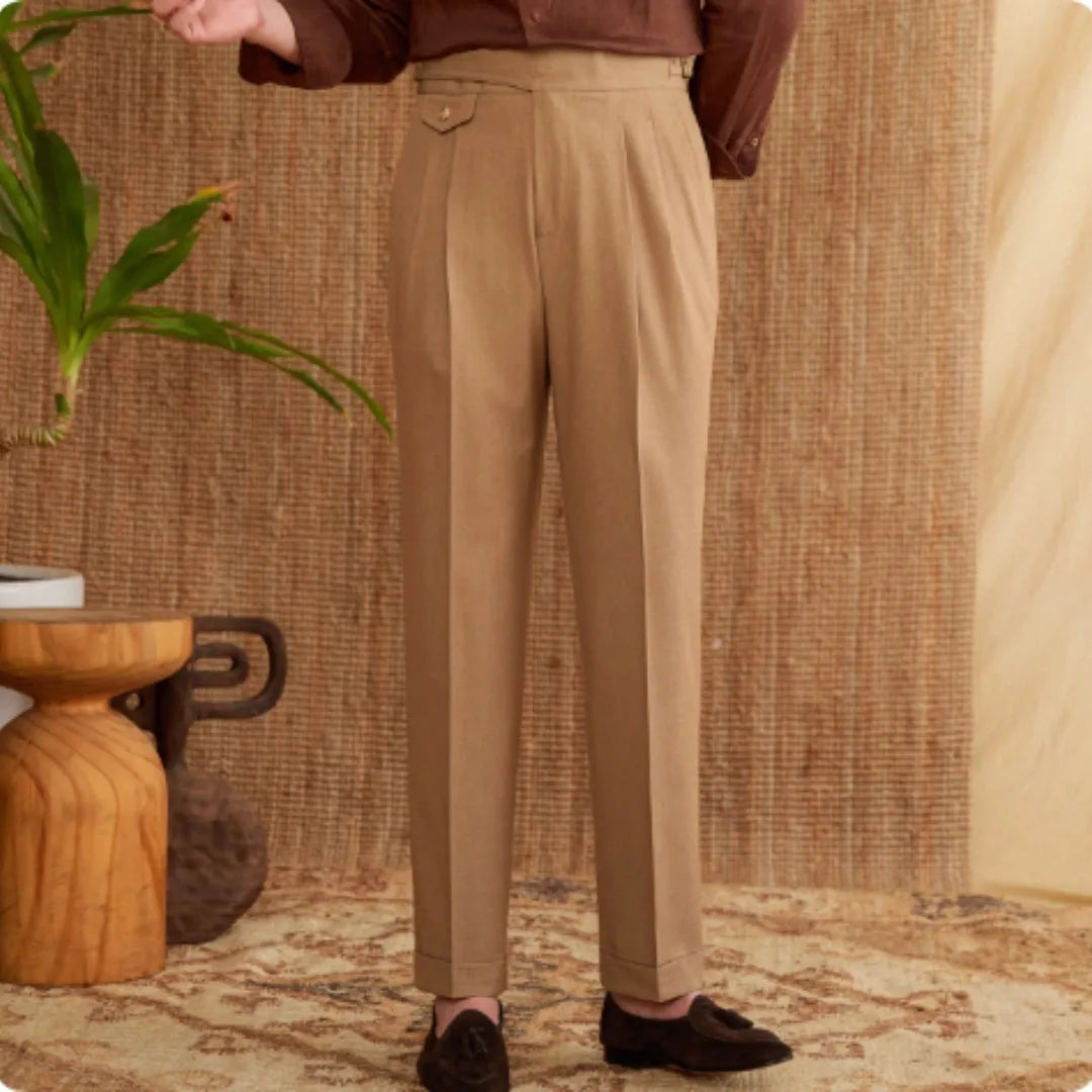 Men's slim fit straight leg trousers in dark grey, light brown, or light apricot, made from wrinkle-resistant polyester fabric.