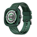 Smart sports watch with silicone wristband showing on a wrist, displaying time on its 1.32-inch screen.