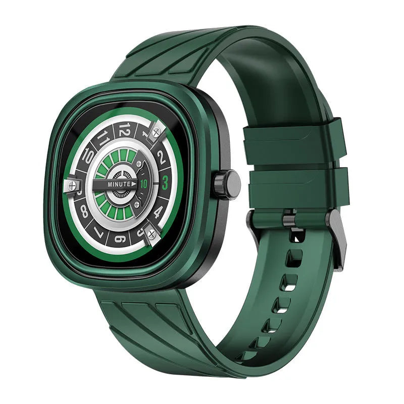Smart sports watch with silicone wristband showing on a wrist, displaying time on its 1.32-inch screen.