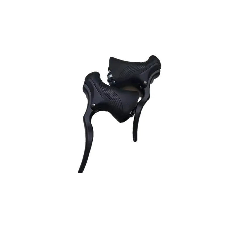A pair of aluminium alloy road bicycle brake handles in black, showing the lever shape and clamp for handlebars