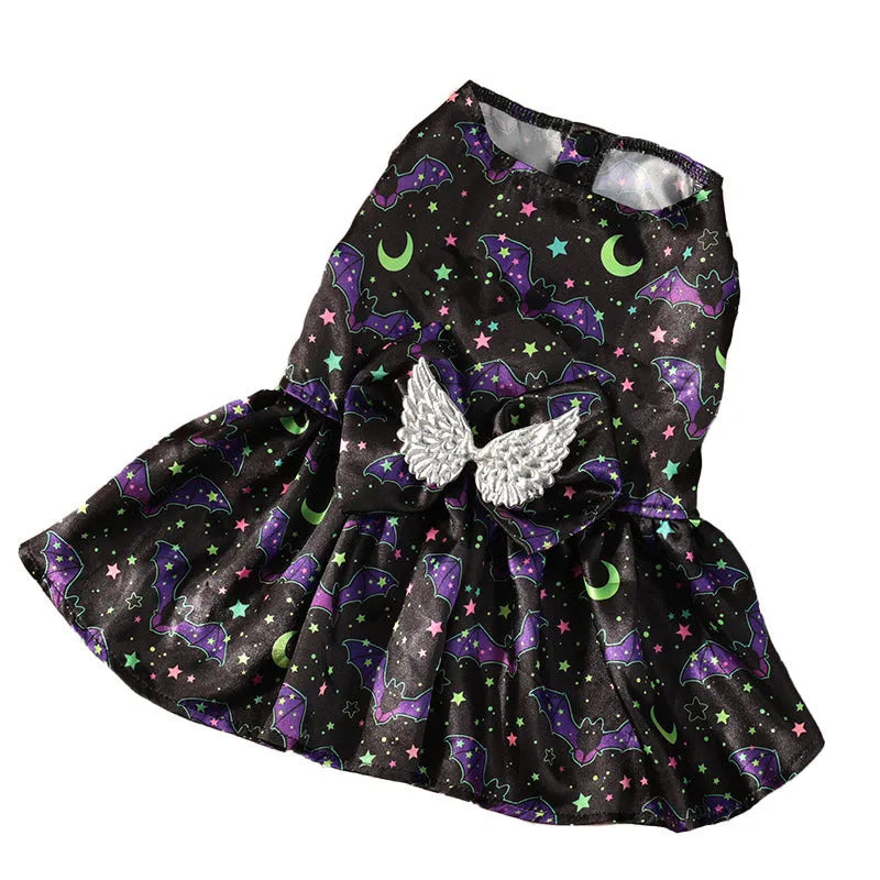 Angel wings Halloween dog costume in bright pumpkin colour showing wing design and size options