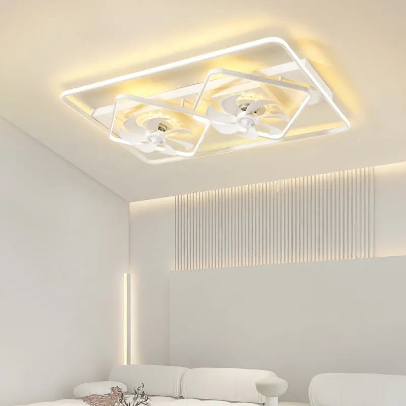 Modern thin suction ceiling fan with light, 1100 by 700mm, with plastic blades and an acrylic lampshade.