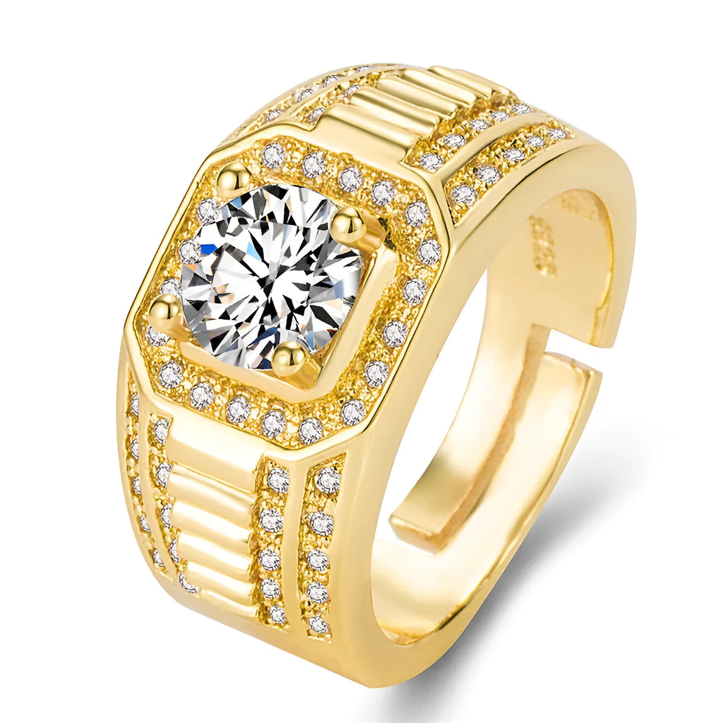 Gold-coloured men's ring with a large square diamond design and adjustable opening on a copper band.