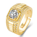 Gold-coloured men's ring with a large square diamond design and adjustable opening on a copper band.