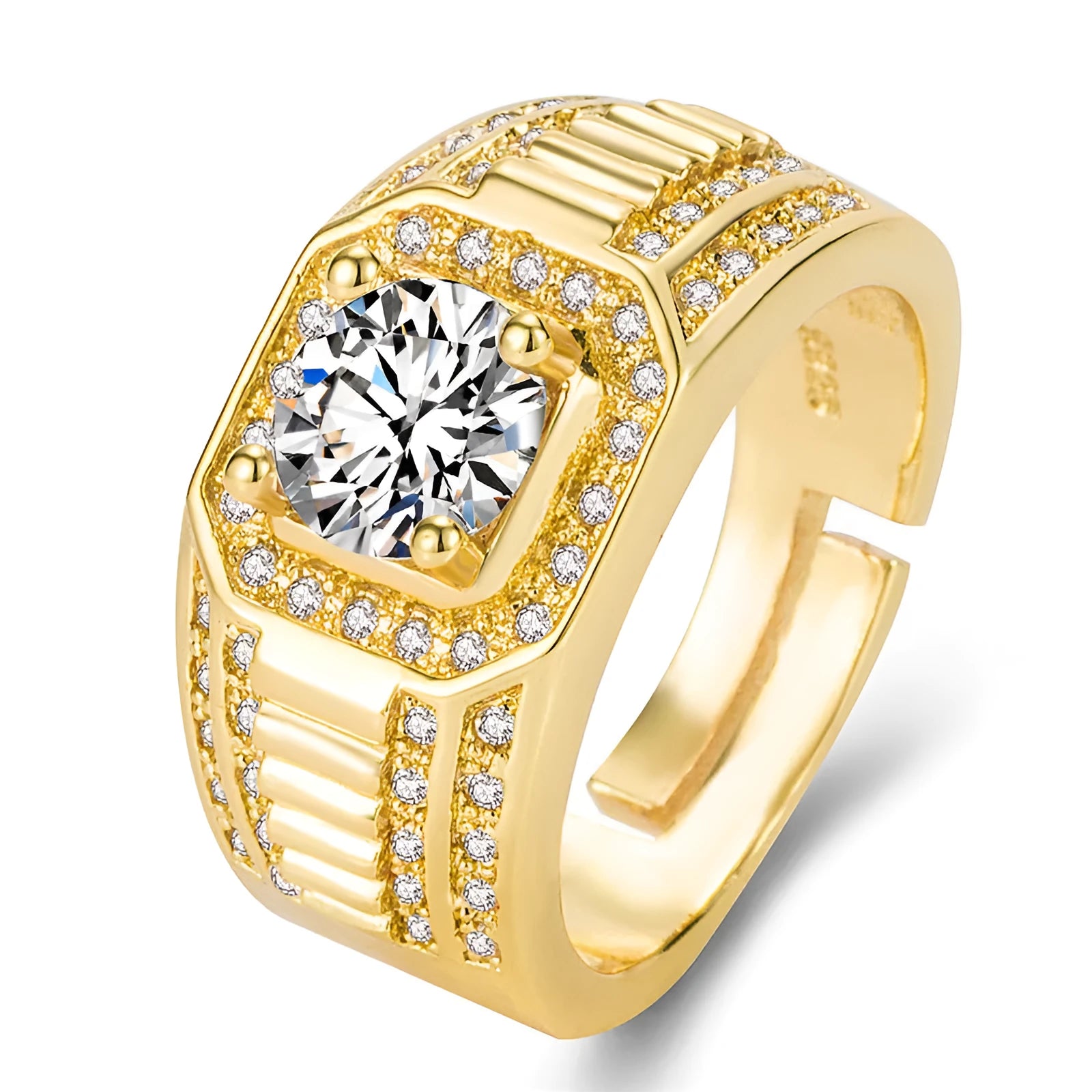 Gold-coloured men's ring with a large square diamond design and adjustable opening on a copper band.